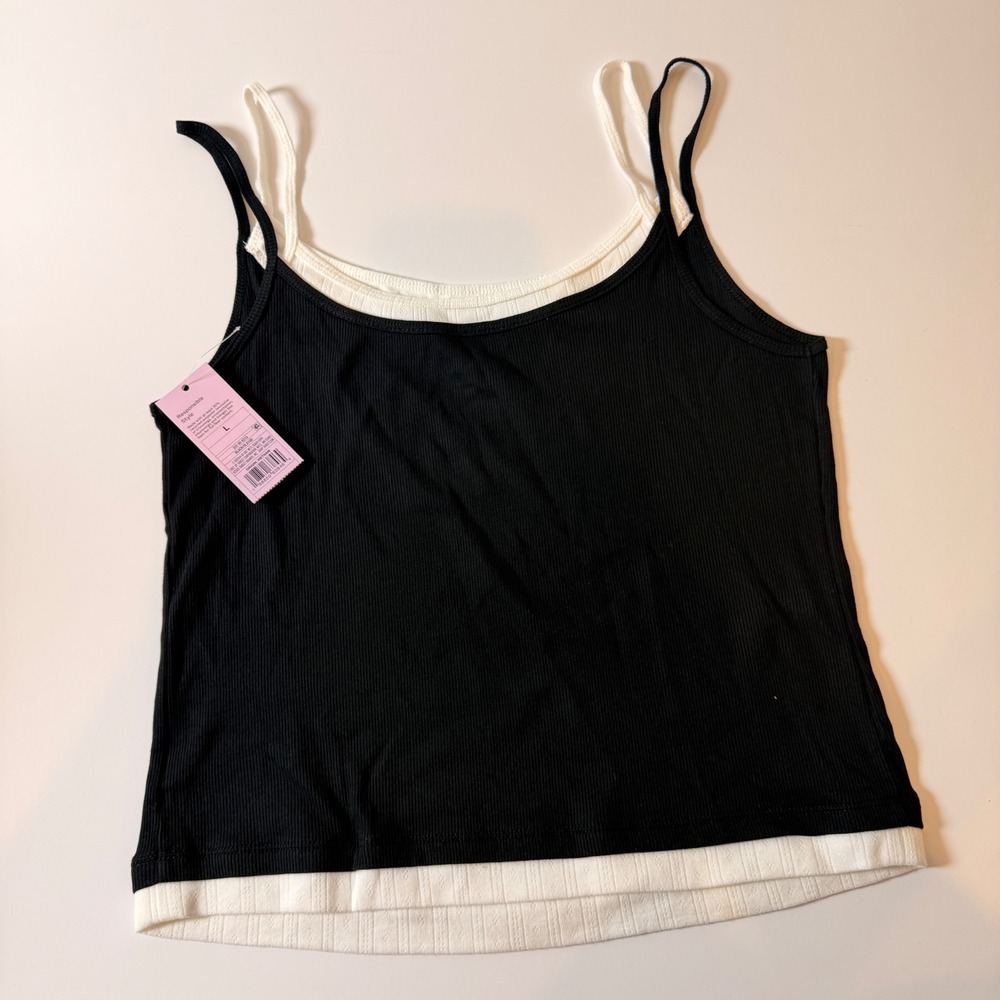 Wild Fable Women Layered style Ribbed Cami Tank Top Black White Size L NWT